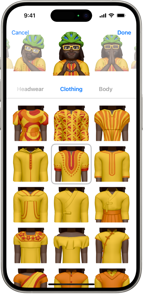 The Memoji screen, showing the character being created in the middle, features to customize below the character, then below that, options for the selected feature. The Done button is at the top right and the Cancel button is at the top left.