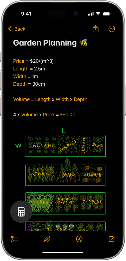 A Math Note open in Calculator, with declared variables, equations, and a drawing of the math problem.