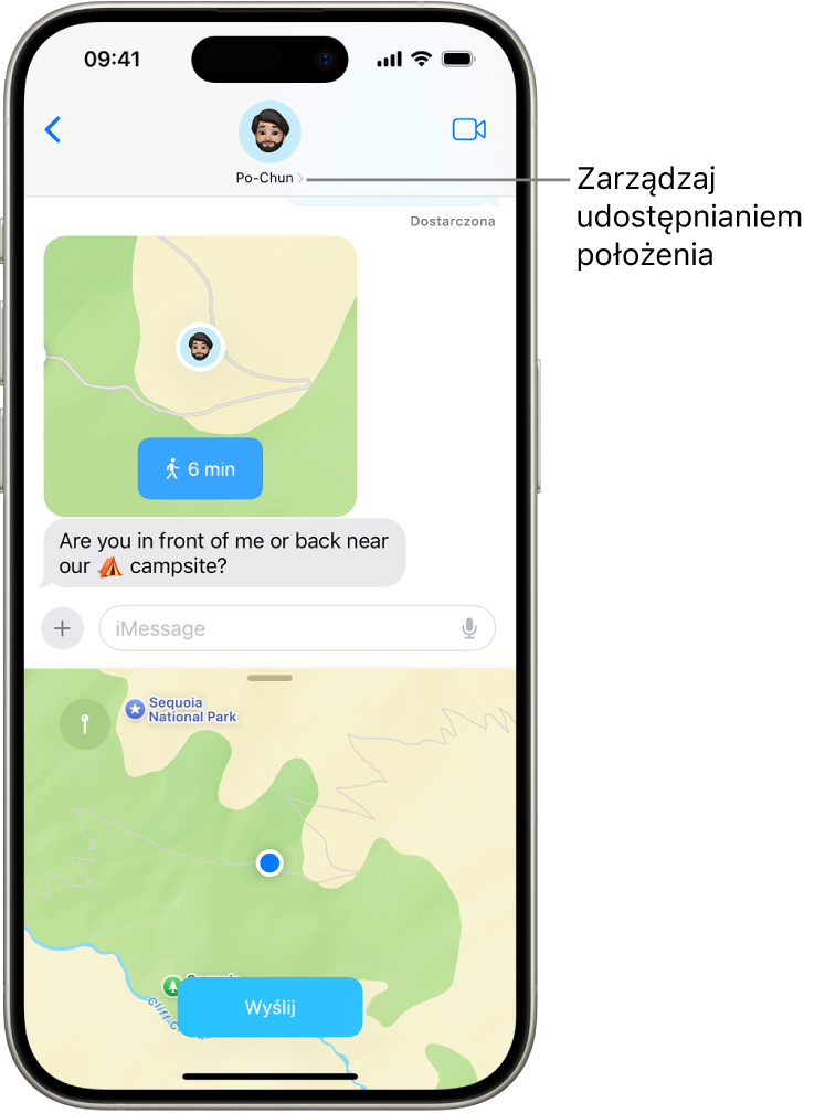 Rozmowa w Wiadomościach z udostępnionym położeniem.