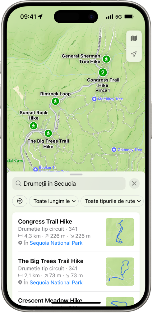 Aplicația Hărți afișând rezultatele căutării de drumeții într-un parc național.