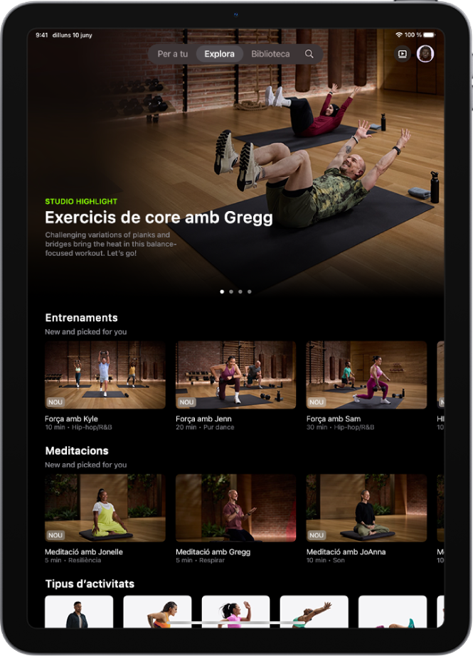 La pantalla “Explora” de l’Apple Fitness+, amb un programa d’entrenament destacat, meditacions i entrenaments nous, i diversos tipus d’activitats disponibles.