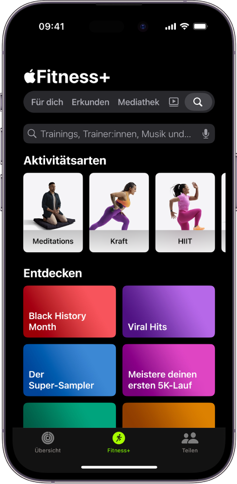 Der Bildschirm zum Suchen in Apple Fitness+ zeigt ein oben ein Suchfeld. Der Bereich „Aktivitätsarten“ unten zeigt empfohlene Aktivitätsarten. Darunter befindet sich der Bereich „Entdecken“ mit sechs Kategorien.