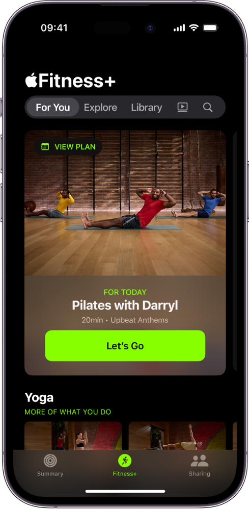 The For You screen in Apple Fitness+ showing a workout in a Custom Plan and recommended Yoga workouts.