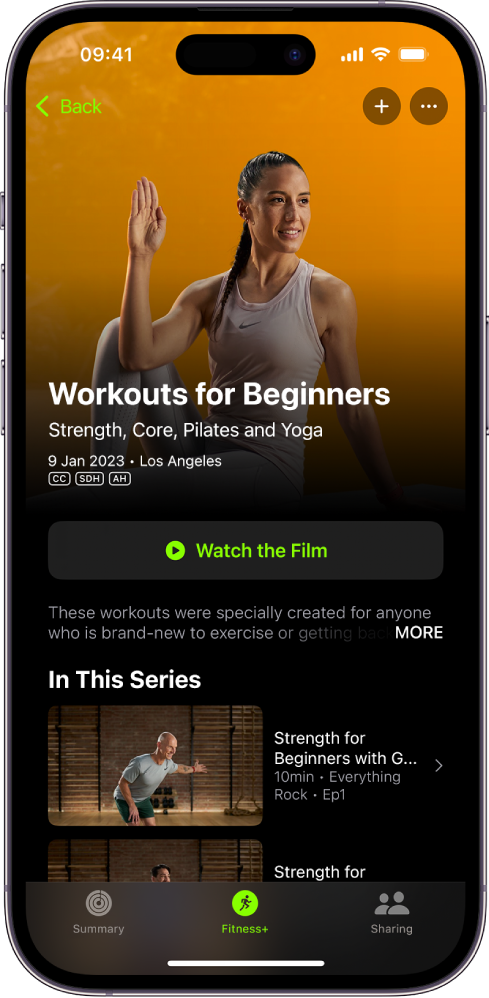 The Apple Fitness+ screen showing a workout programme. The programme title, a button to watch a preview of the programme and the description are at the centre of the screen. A row of workout episodes is at the bottom of the screen.