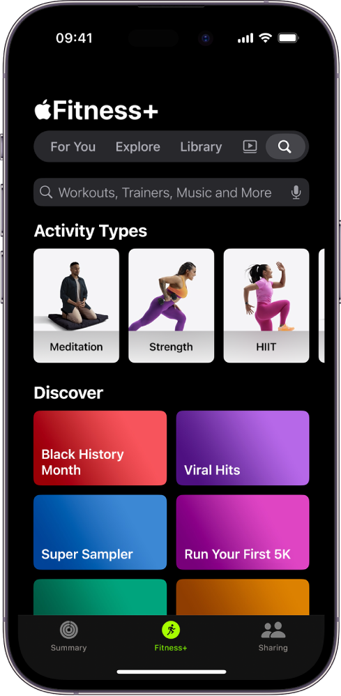 The Search screen in Apple Fitness+ showing a search field at the top. The Activity Types section below shows featured activity types. The Discover section below shows six categories.