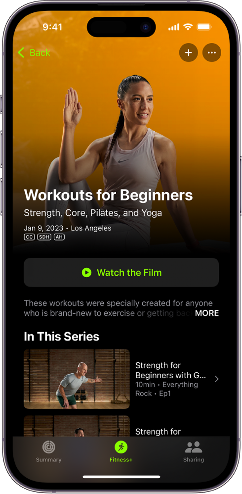 The Apple Fitness+ screen showing a workout program. The program title, a button to watch a preview of the program, and the description are at the center of the screen. A row of workout episodes is at the bottom of the screen.