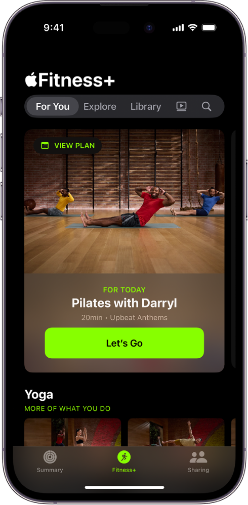 The For You screen in Apple Fitness+ showing a workout in a Custom Plan and recommended Yoga workouts.
