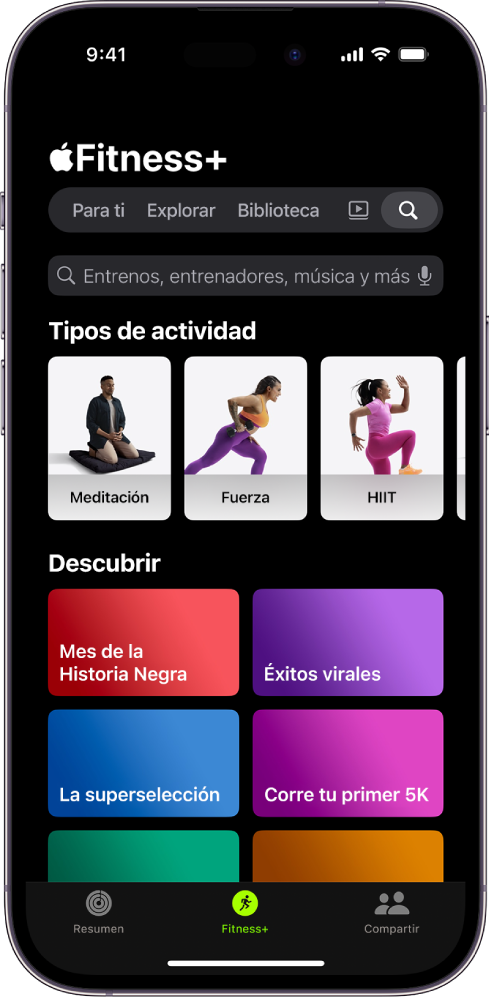 Pantalla Buscar de Apple Fitness+ con un campo de búsqueda en la parte superior. Debajo, la sección “Tipos de actividad” muestra los tipos de actividad destacados. Debajo, la sección Descubrir muestra seis categorías.