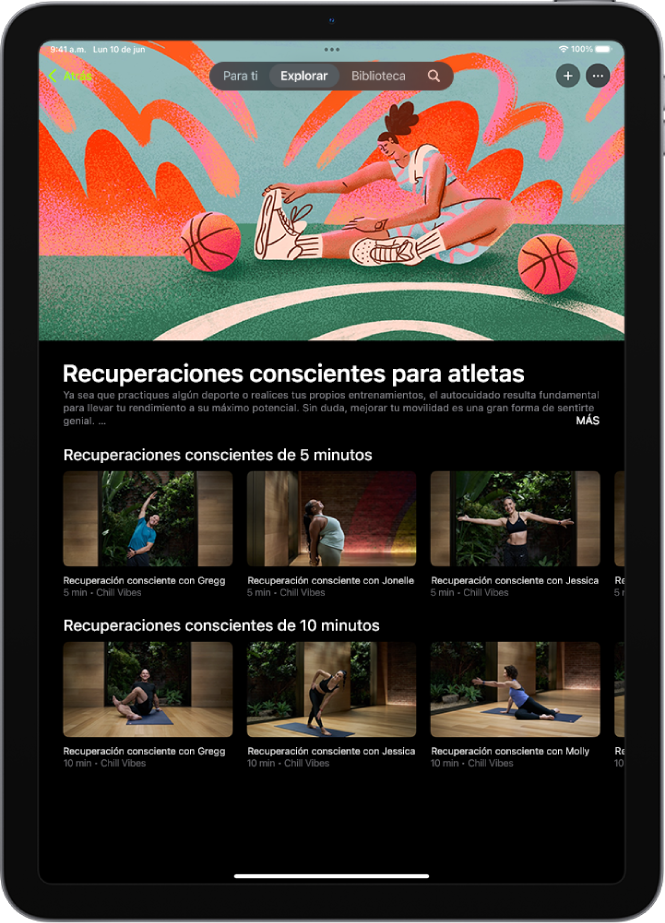 La pantalla de Apple Fitness+ mostrando una colección de recuperación consciente. El nombre de la colección y la descripción están en el centro de la pantalla. Debajo del nombre de la colección están las filas de entrenamientos.
