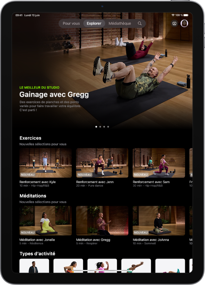 L’écran Explorer d’Apple Fitness+ affichant un programme d’exercice recommandé, de nouvelles séances d’exercice et de méditation, et les types d’activités disponibles.