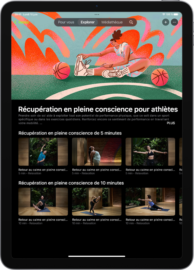 L’écran « Apple Fitness+ » affichant une collection « Retour au calme ». Le titre et la description de la collection se trouvent au centre de l’écran. Sous le titre de la collection se trouvent des rangs d’exercices.