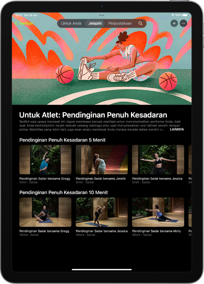 Layar Apple Fitness+ yang menampilkan koleksi Pendinginan Sadar. Judul dan deskripsi koleksi terdapat di tengah layar. Di bawah judul koleksi terdapat baris olahraga.