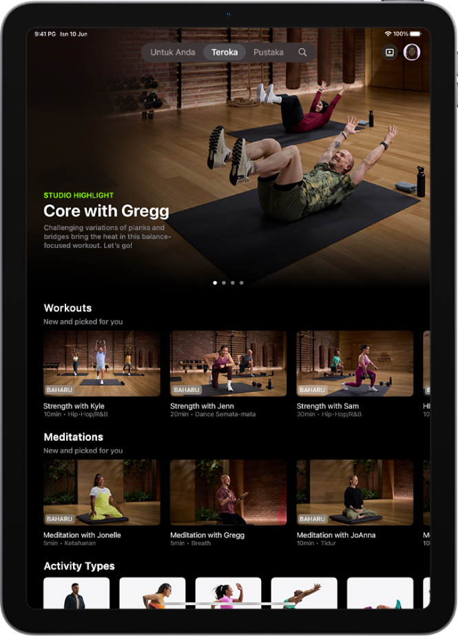 Skrin Teroka dalam Apple Fitness+ menunjukkan program latihan ditampilkan, latihan dan meditasi baharu serta jenis aktiviti tersedia.