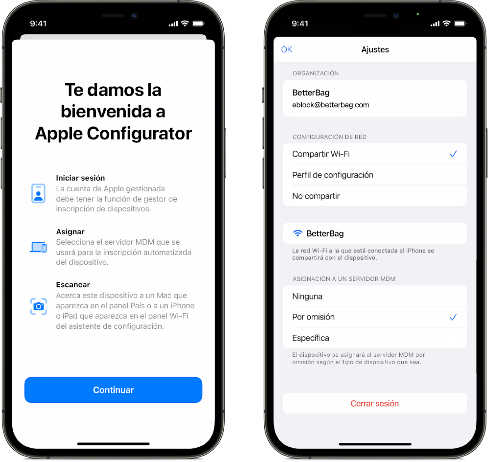 Apple Configurator para iPhone con dos pantallas. Una es la pantalla principal que muestra la ventana de bienvenida y la otra muestra el servidor MDM seleccionado por omisión para asignarlo automáticamente a los dispositivos.