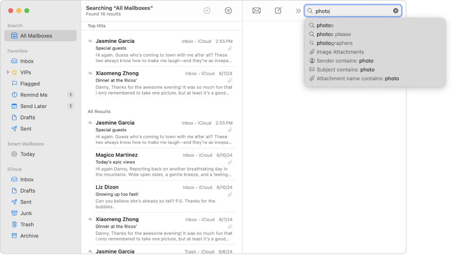 Finestra de l’app Mail on es mostren els resultats d’una cerca.
