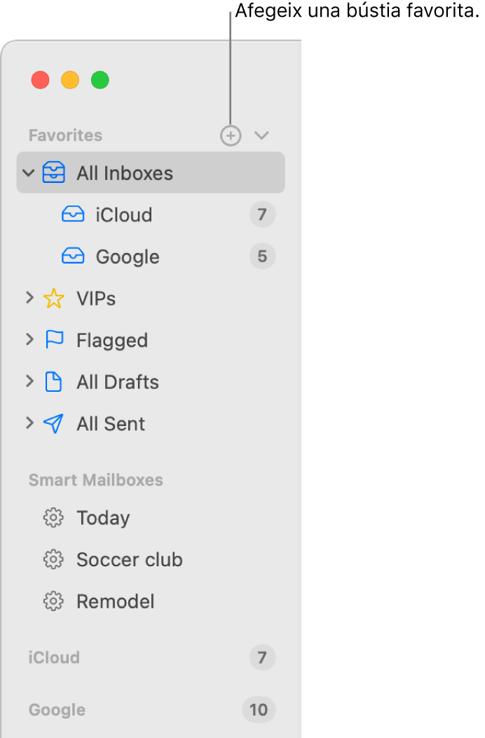 Barra lateral del Mail que mostra comptes i bústies diferents, i seccions com ara els favorits i les bústies intel·ligents. A la part superior de la barra lateral, fes clic al botó que hi ha a la dreta de “Favorits” per afegir una bústia en aquella secció.
