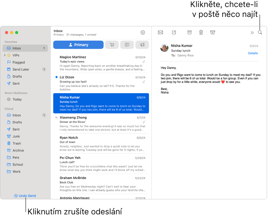 Okno mailu s bočním panelem na levé straně. V dolní části bočního panelu je tlačítko Zrušit odeslání