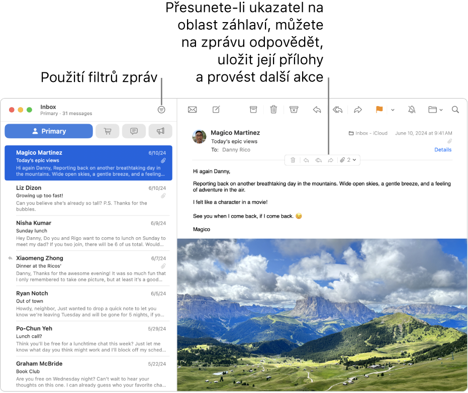 Okno Mailu. Chcete‑li použít filtry zpráv, klikněte na panelu nástrojů na tlačítko Filtrovat. Po přesunutí ukazatele na oblast záhlaví zprávy se zobrazí tlačítka pro vytvoření odpovědi, ukládání příloh a další akce.