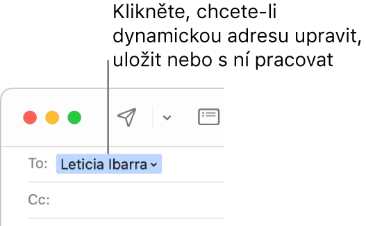 Inteligentní adresa se šipkou, na kterou můžete kliknout, chcete inteligentní adresu upravit, uložit nebo s ní jinak pracovat.