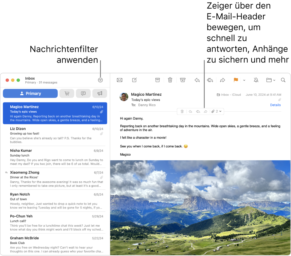 Das Mail-Fenster. Klicke auf die Taste „Filter“ in der Symbolleiste, um Nachrichtenfilter anzuwenden. Bewege den Zeiger über den Header-Bereich einer E-Mail, um Tasten zum Antworten, Sichern von Anhängen und mehr einzublenden.