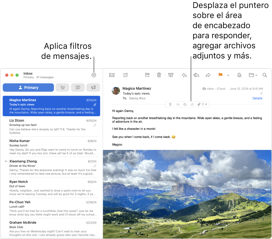 La ventana de Mail. Haz clic en el botón Filtro en la barra de herramientas para activar los filtros de mensajes. Para mostrar botones que permiten responder, guardar archivos adjuntos, etc., coloca el cursor sobre el área de cabecera de un mensaje.