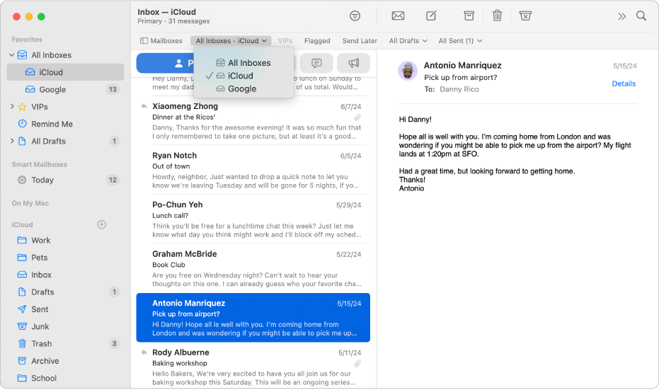 Mail-ikkunassa näkyy Suosikit-palkissa Kaikki saapuneet.