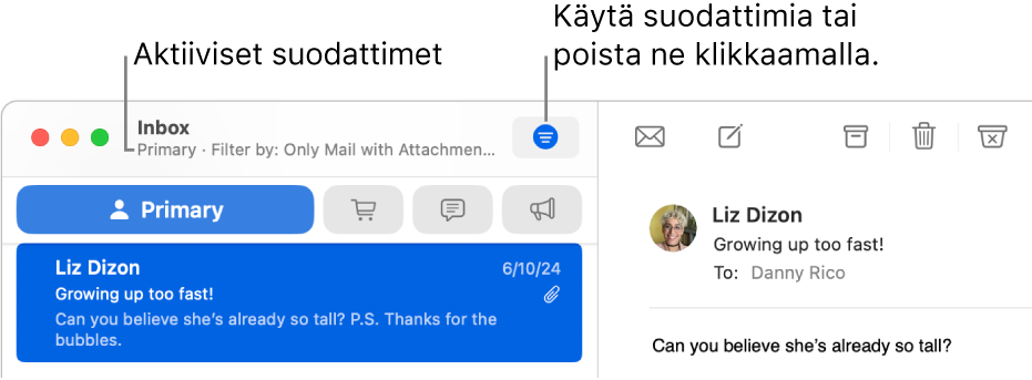 Mail-ikkunassa näkyy viestiluettelon yläpuolella työkalupalkki, jossa Mail näyttää käytössä olevat suodattimet, kuten ”Vain liitteitä sisältävät”.