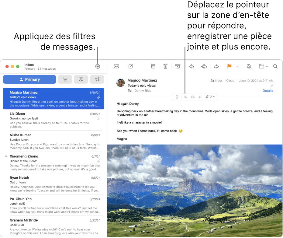 La fenêtre Mail. Cliquez sur le bouton Filtrer dans la barre d’outils pour appliquer les filtres de messages. Pour afficher les boutons permettant de répondre à un message, de sauvegarder des pièces jointes et autres, placez le pointeur sur la zone d’en-tête d’un message.