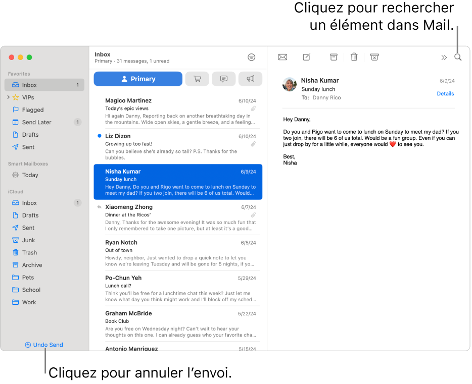 Une fenêtre de Mail affichant la barre latérale à gauche. Le bouton Annuler l’envoi se trouve en bas de la barre latérale.