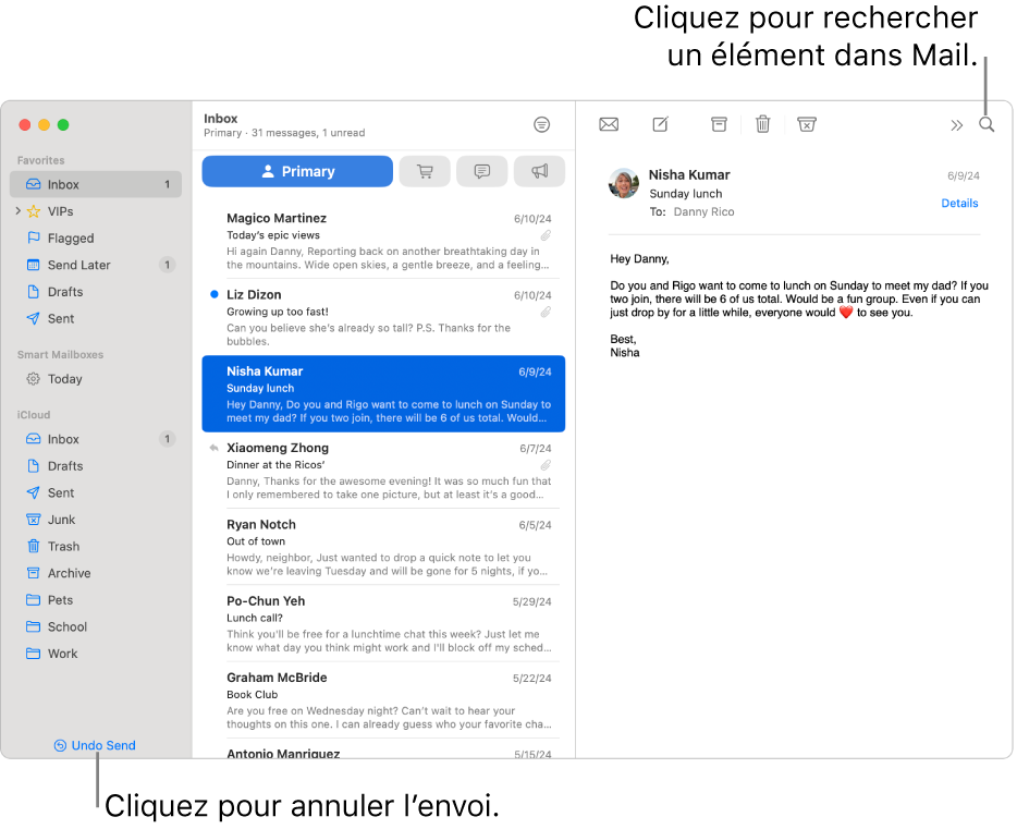 Fenêtre Mail avec la barre latérale sur la gauche. Le bouton « Annuler l’envoi » se trouve en bas de la barre latérale.