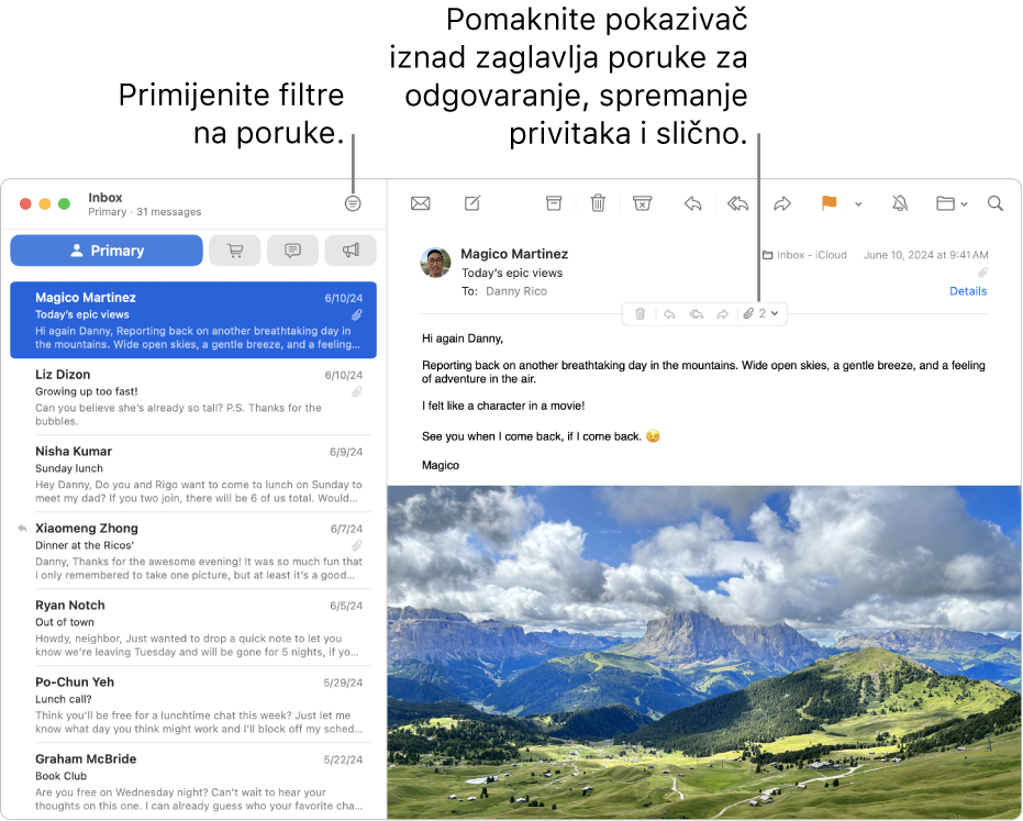 Prozor aplikacije Mail. Kliknite na tipku Filtar u alatnoj traci za primjenu filtara poruka. Za otkrivanje tipki za odgovor, spremanje privitaka i ostalo pomaknite pokazivač na područje zaglavlja poruke.
