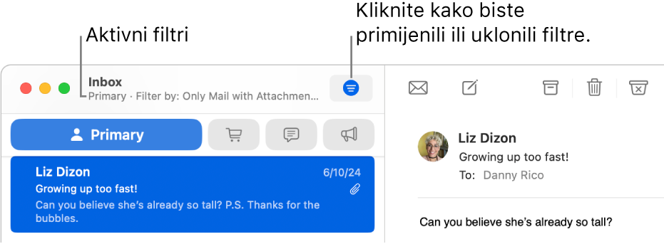 Prozor aplikacije Mail koji prikazuje alatnu traku poviše popisa poruka gdje Mail navodite koji su filtri primijenjeni, na primjer kao “Samo pošta s privitcima”.
