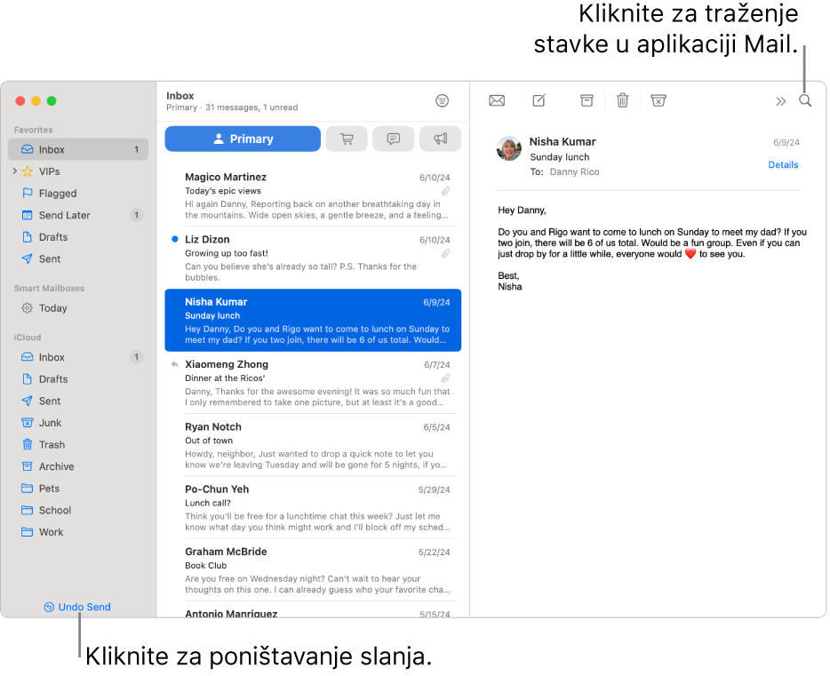 Prozor aplikacije Mail s rubnim stupcem s lijeve strane. Tipka Poništi slanje nalazi se na dnu rubnog stupca.