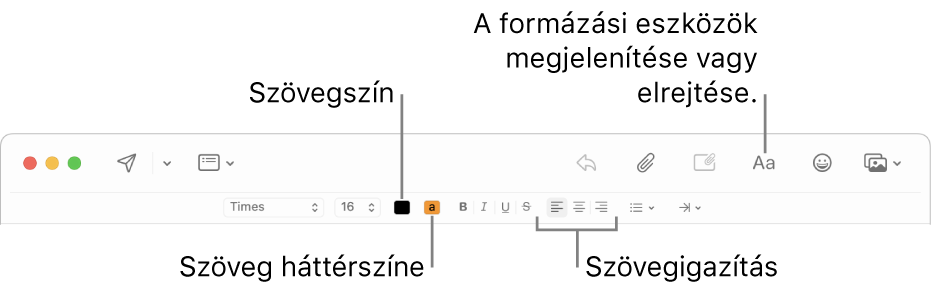 Az eszközsor és a formázási beállítások egy új üzenet ablakában, a szövegszín, szöveg-háttérszín, és szöveg igazítása gombokkal.