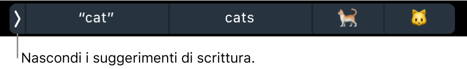 Suggerimenti di scrittura con parole ed emoji. Il pulsante sulla sinistra consente di nascondere i suggerimenti di scrittura.