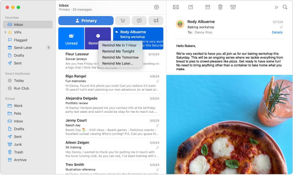 Una finestra di Mail che mostra varie opzioni per i promemoria.
