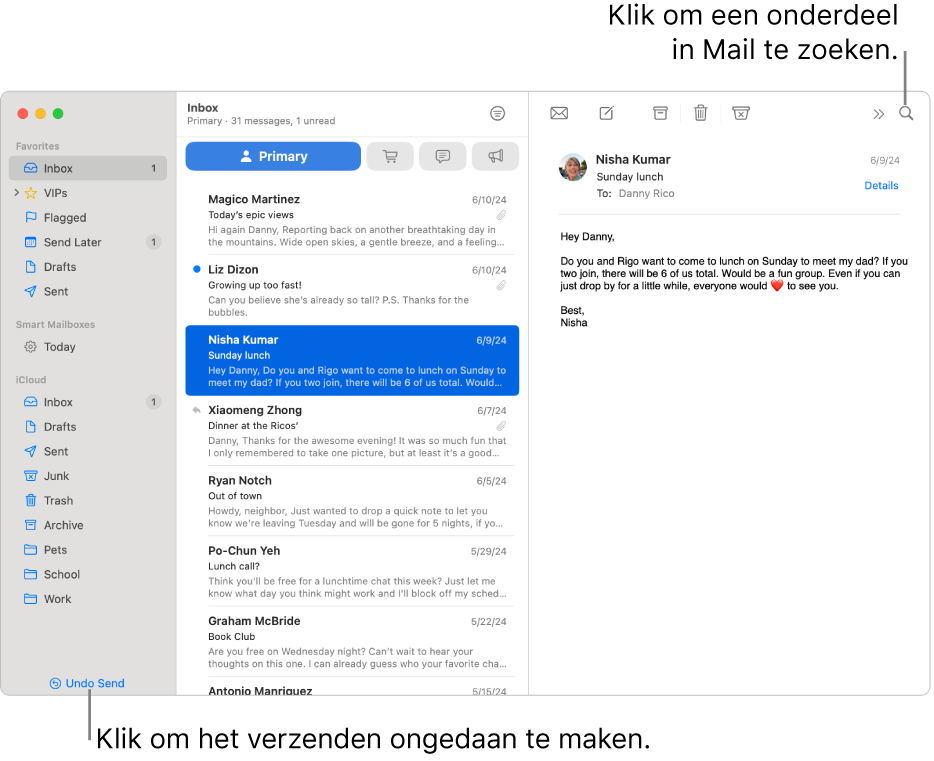 Een Mail-venster met links de navigatiekolom. De knop 'Maak verzenden ongedaan' staat onder in de navigatiekolom.