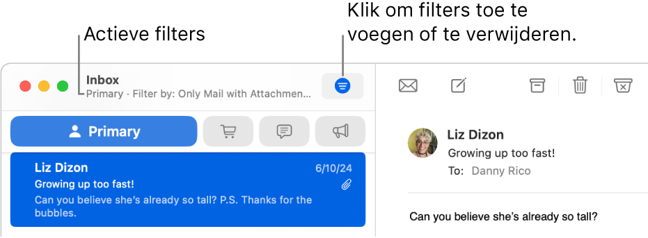 Het Mail-venster met boven de berichtenlijst de knoppenbalk waarin de toegepaste filters worden weergegeven, zoals 'Alleen mail met bijlagen'.