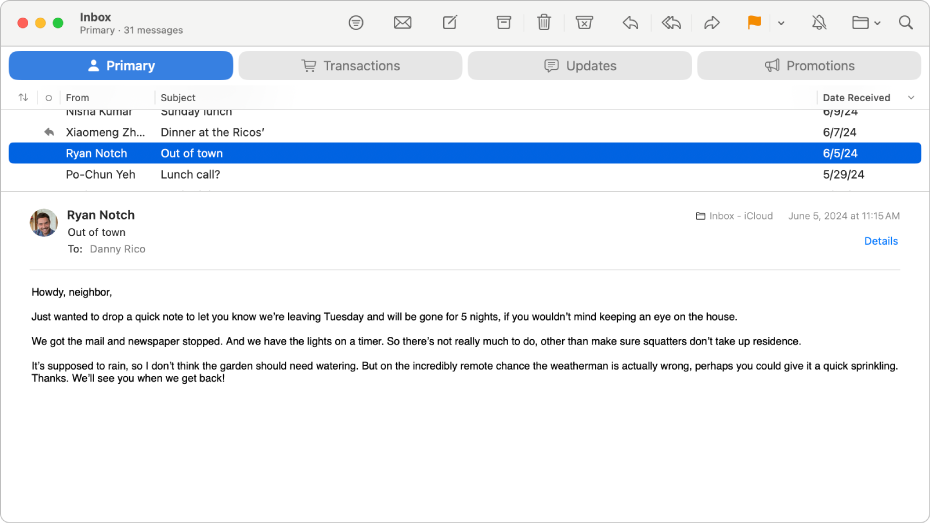 Het Mail-venster met de berichtenlijst in de kolomlay-out met kolommen zoals 'Van', 'Onderwerp' en 'Ontvangstdatum' en de voorvertoning van berichten onder de lijst.