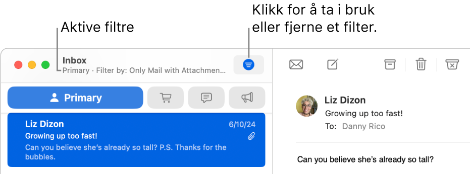 Mail-vinduet, som viser verktøylinjen over meldingslisten, der Mail angir hvilke filtre som er aktivert, for eksempel «Kun e-post med vedlegg».