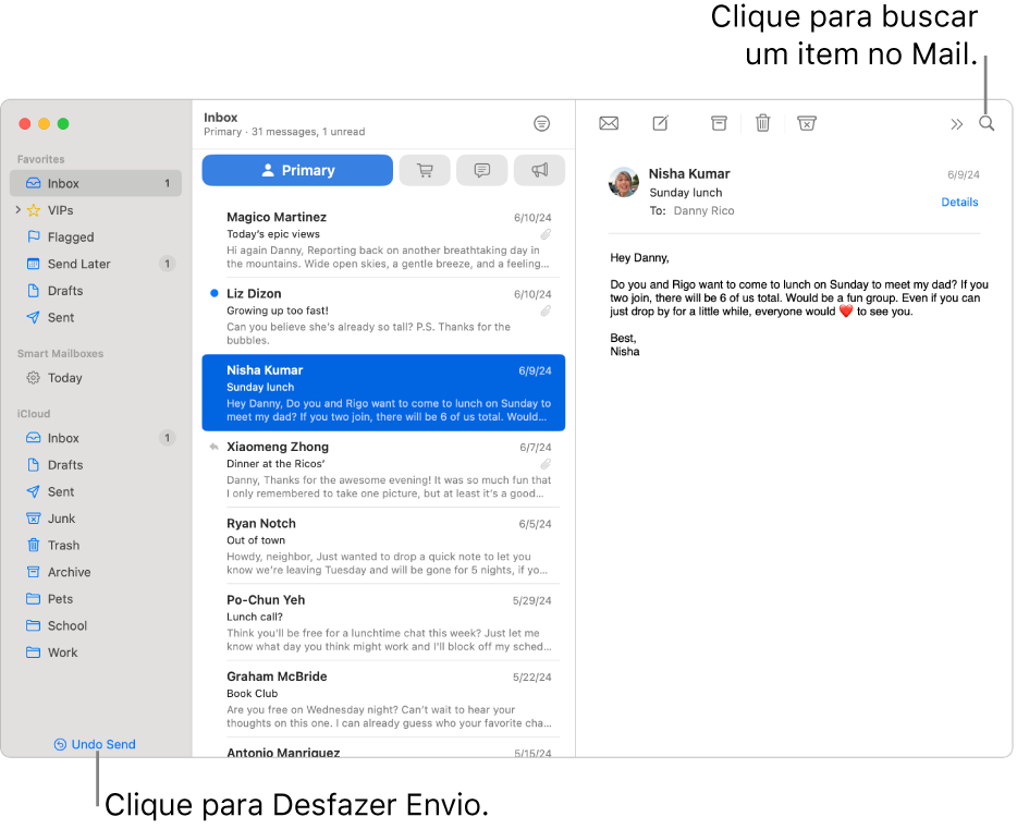 Uma janela do Mail mostrando a barra lateral à esquerda. O botão Desfazer Envio está na parte inferior da barra lateral.