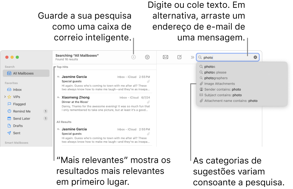A caixa de correio a ser pesquisada está realçada na barra de pesquisa. Para pesquisar noutra caixa de correio, clique no respetivo nome. Pode digitar ou colar texto no campo de pesquisa, ou arrastar um endereço de e‑mail de uma mensagem. À medida que digira, são apresentadas sugestões por baixo do campo de pesquisa. Estas estão organizadas por categorias, como Assunto ou Anexos, conforme o texto da pesquisa. A funcionalidade “Mais relevantes” apresenta primeiro os resultados mais relevantes.