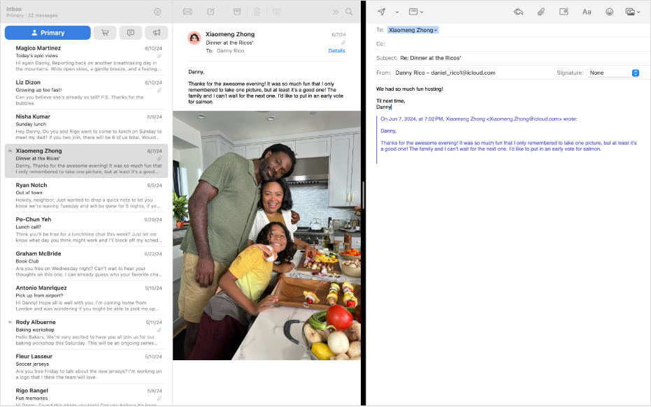 A lista de mensagens lado a lado, com uma janela de composição, em Split View
