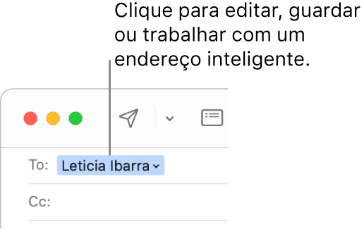 Um endereço de e‑mail com uma seta que pode ser clicada para editar, guardar ou trabalhar com um endereço inteligente.
