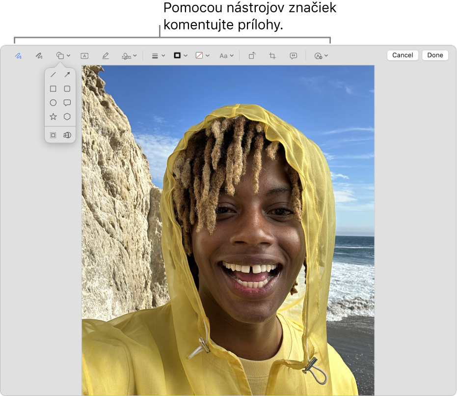Príloha s panelom značiek v hornej časti.