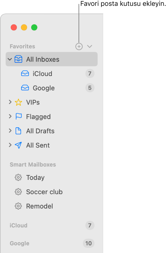 Favoriler ve Akıllı Posta Kutuları gibi bölümler ile farklı hesapları ve posta kutularını gösteren Mail kenar çubuğu. Kenar çubuğunun en üstünde, Favoriler bölümüne bir posta kutusu eklemek için sağ tarafındaki düğmeyi tıklayın.