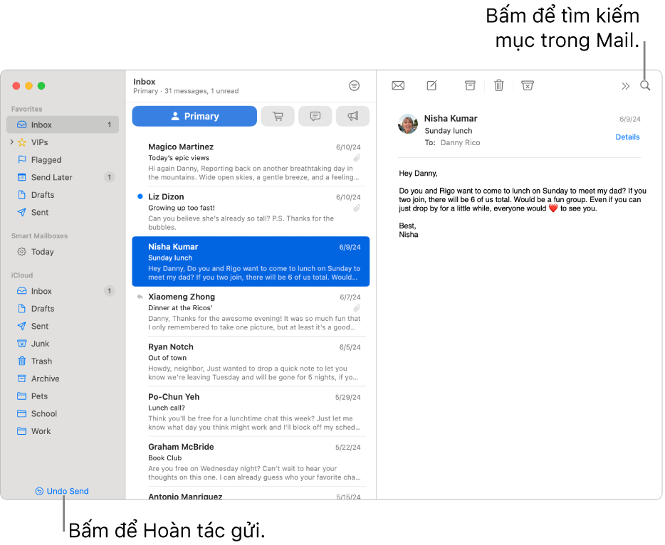 Cửa sổ Mail đang hiển thị thanh bên ở bên trái. Nút Hoàn tác gửi nằm ở cuối thanh bên.