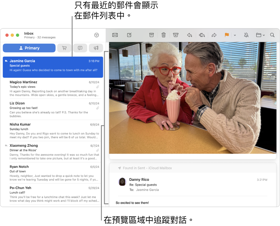 只有對話中最新的郵件會顯示在郵件列表中。 最上方的郵件有一個數字，顯示現時信箱中該對話有幾封郵件。 在預覽區域中追蹤對話。