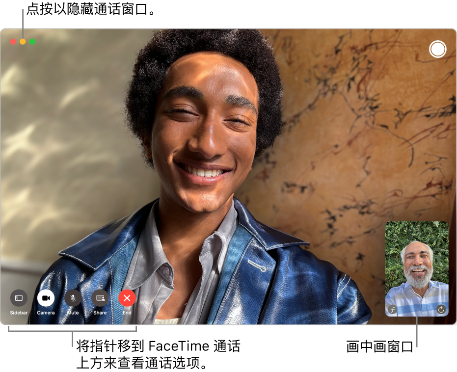 进行中的 FaceTime 视频通话。画中画窗口显示在右上角,FaceTime 通话选项显示在左下角。