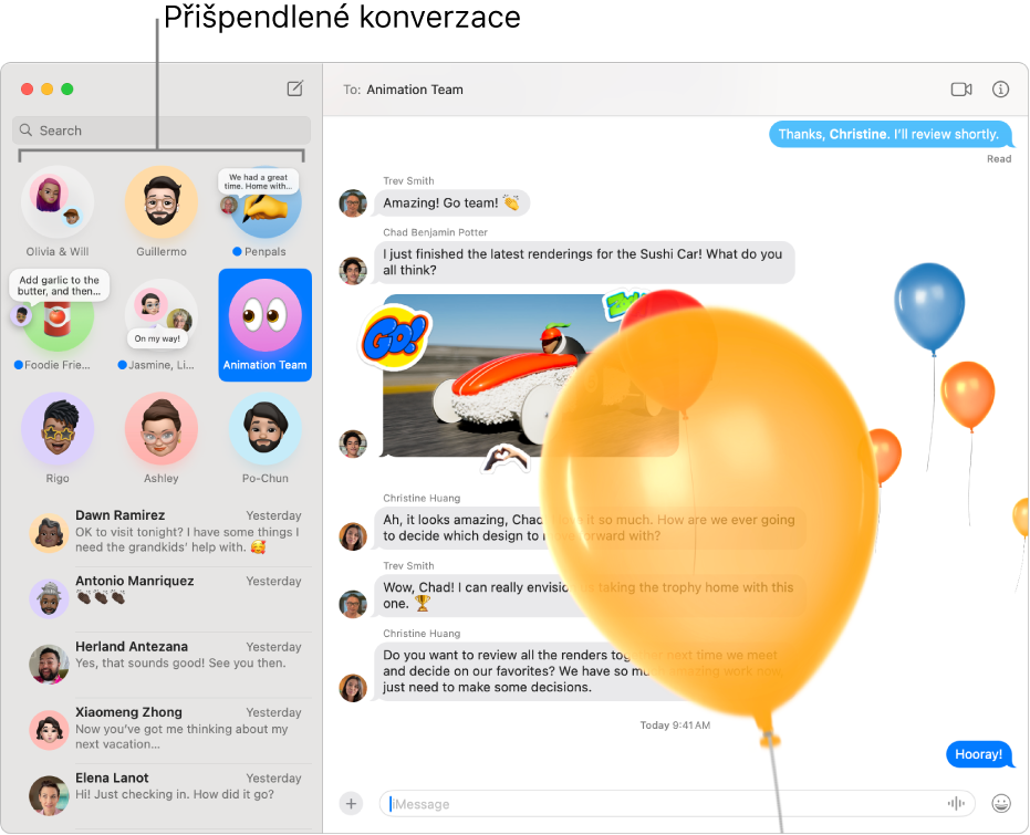 Aplikace Zprávy s několika konverzacemi přišpendlenými na levé straně okna
